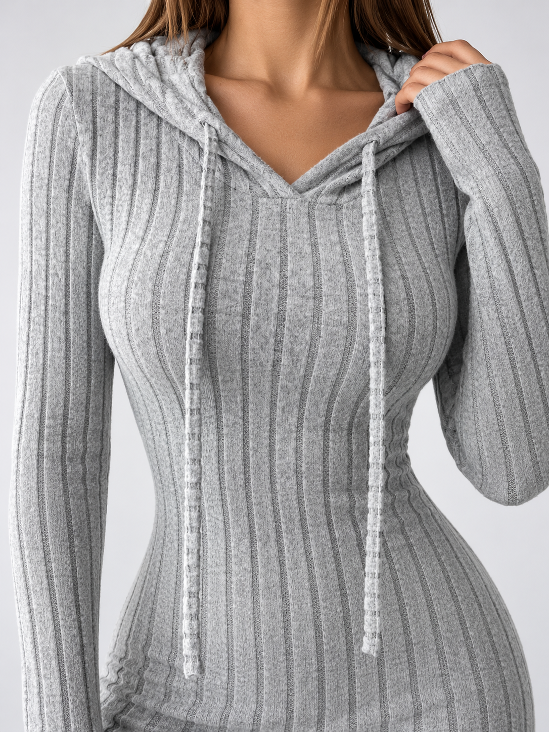 Women's Ribbed Hooded Slim-Fit Dress with Drawstring