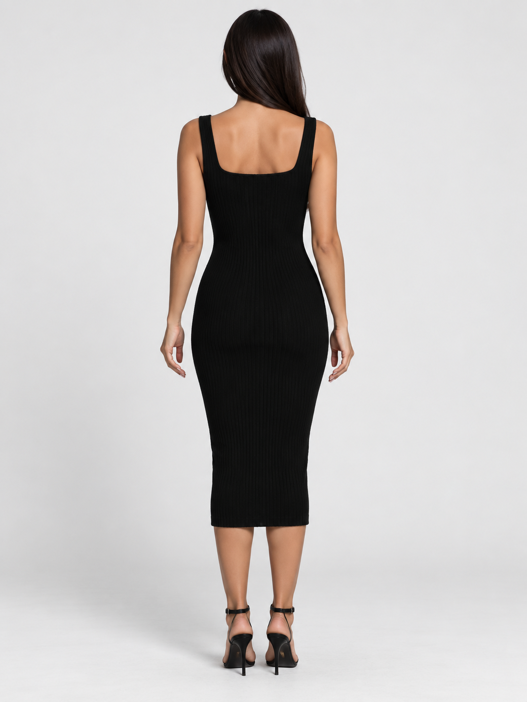 Women’s Ribbed Knit Midi Dress with Square Neckline