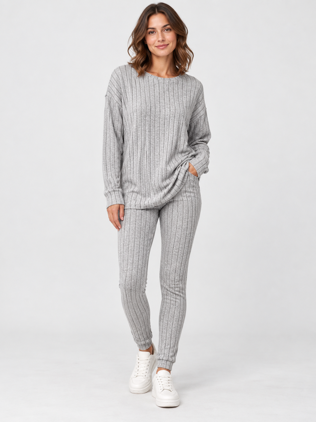 Women's Round-Neck Knit Sweater and Loose Trousers Set