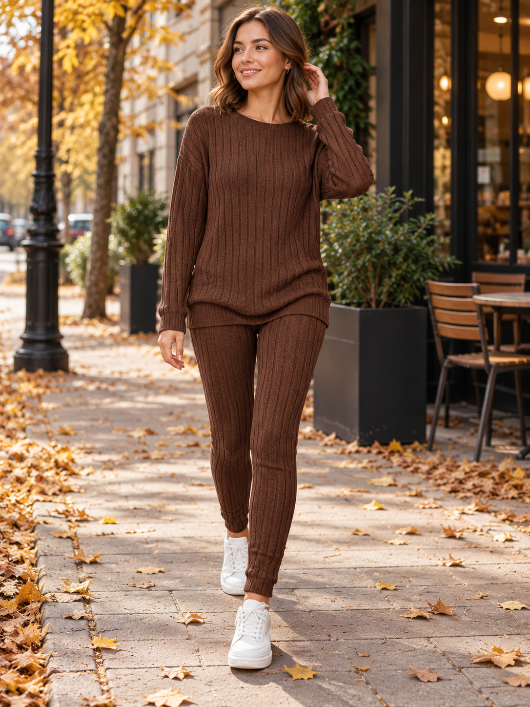 Women's Round-Neck Knit Sweater and Loose Trousers Set