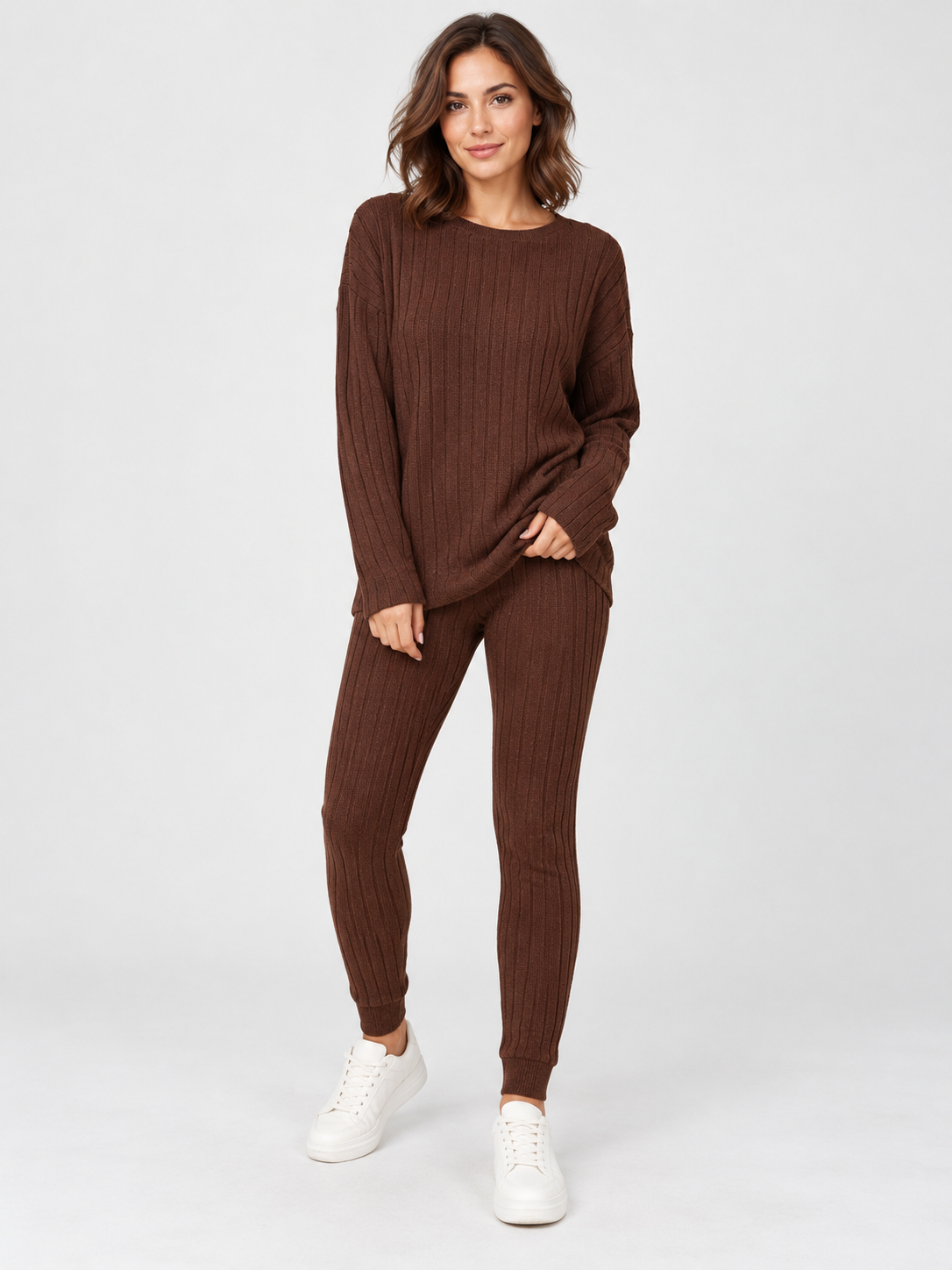 Women's Round-Neck Knit Sweater and Loose Trousers Set
