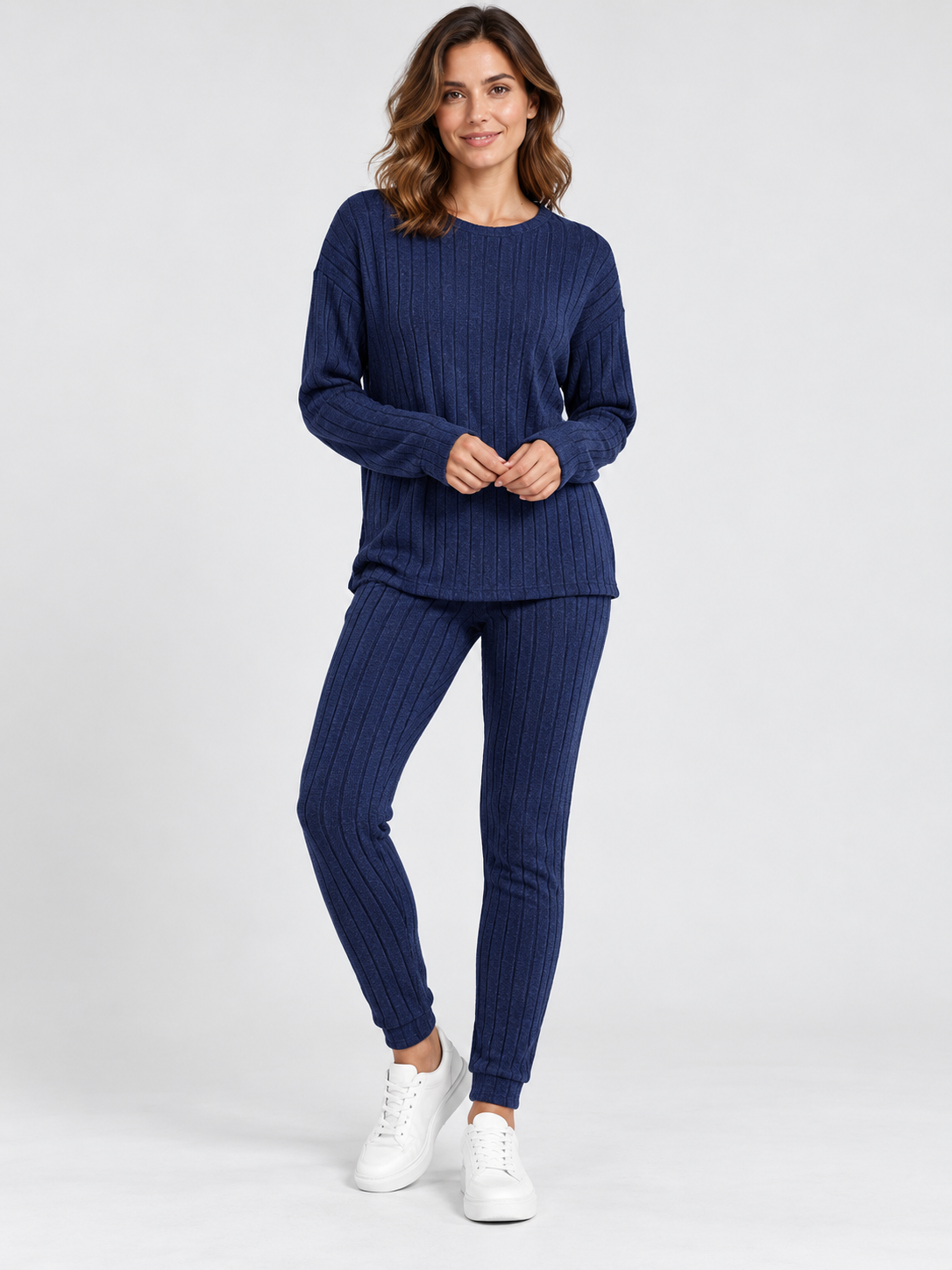 Women's Round-Neck Knit Sweater and Loose Trousers Set