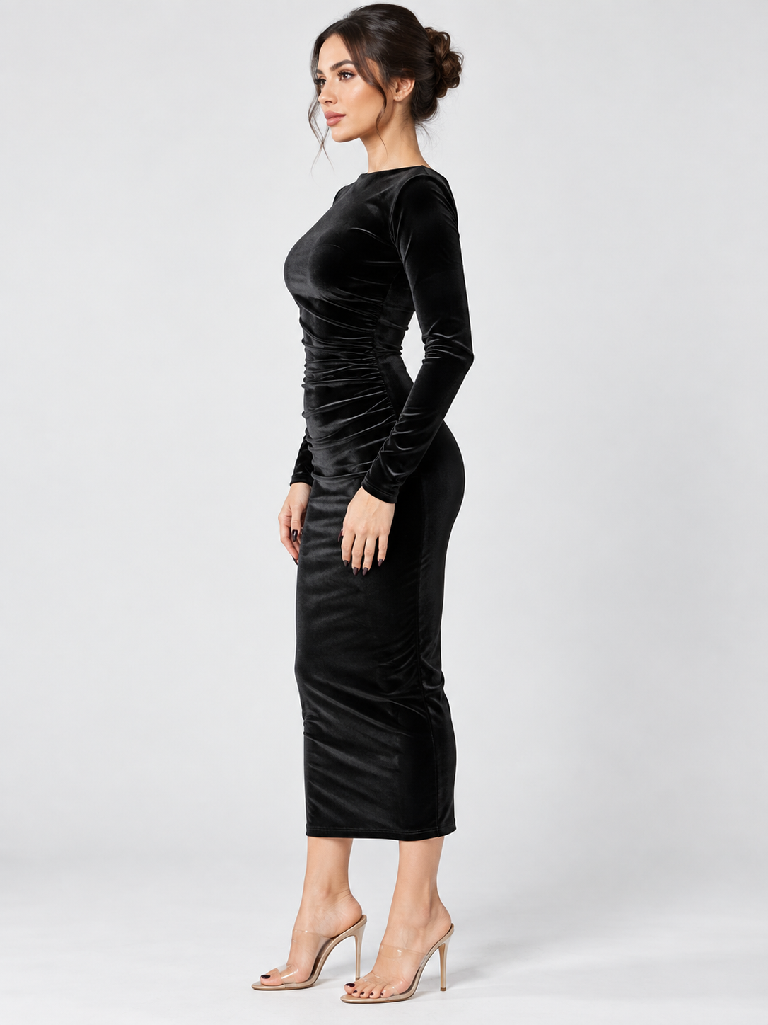 Women's Ruched Long-Sleeve Midi Dress