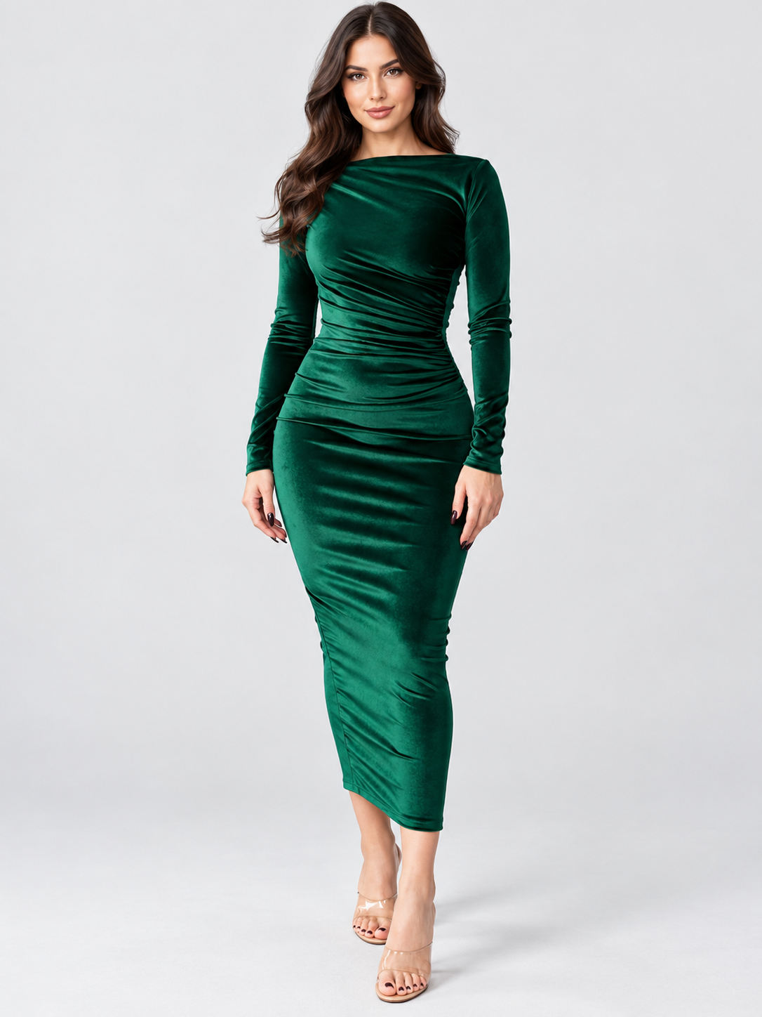 Women's Ruched Long-Sleeve Midi Dress
