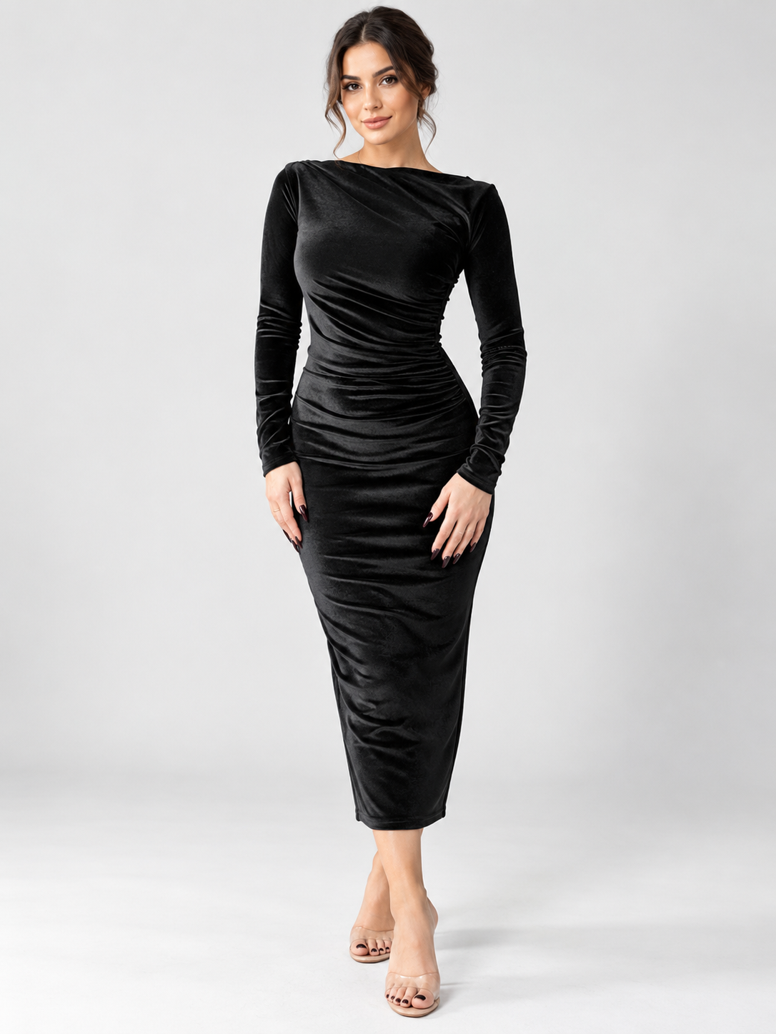 Women's Ruched Long-Sleeve Midi Dress