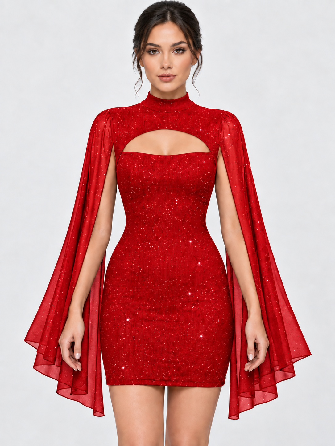 Women's Sequin Cape Mini Dress with Stand Collar