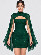 Women's Sequin Cape Mini Dress with Stand Collar