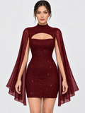 Women's Sequin Cape Mini Dress with Stand Collar