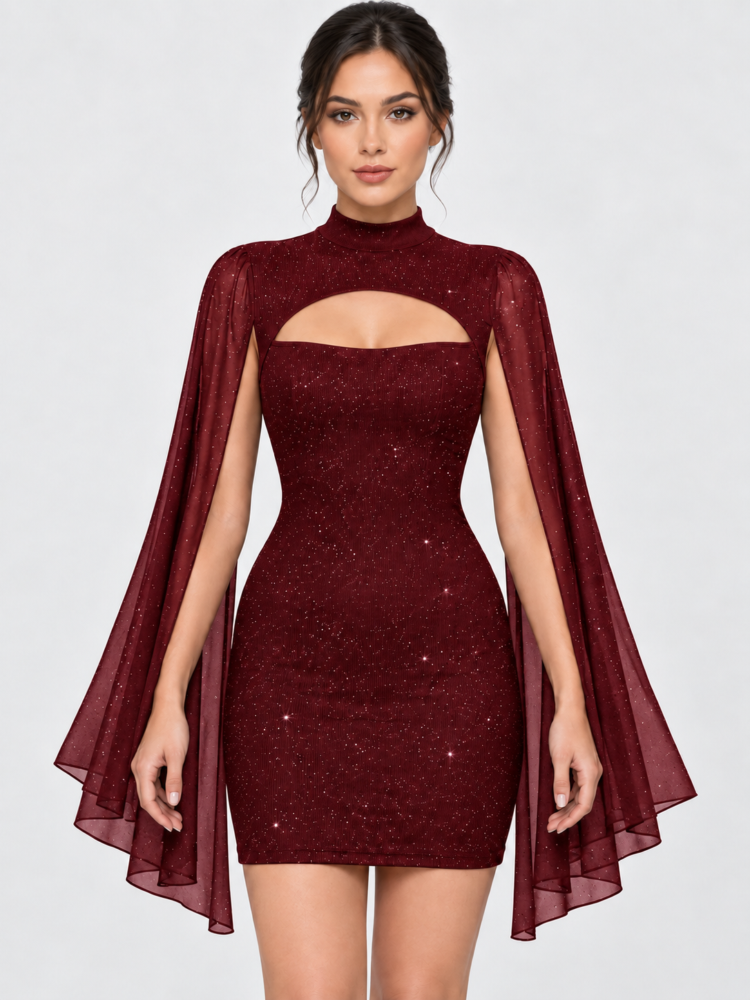 Women's Sequin Cape Mini Dress with Stand Collar