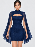 Women's Sequin Cape Mini Dress with Stand Collar