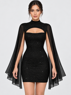 Women's Sequin Cape Mini Dress with Stand Collar
