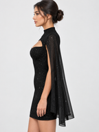 Women's Sequin Cape Mini Dress with Stand Collar