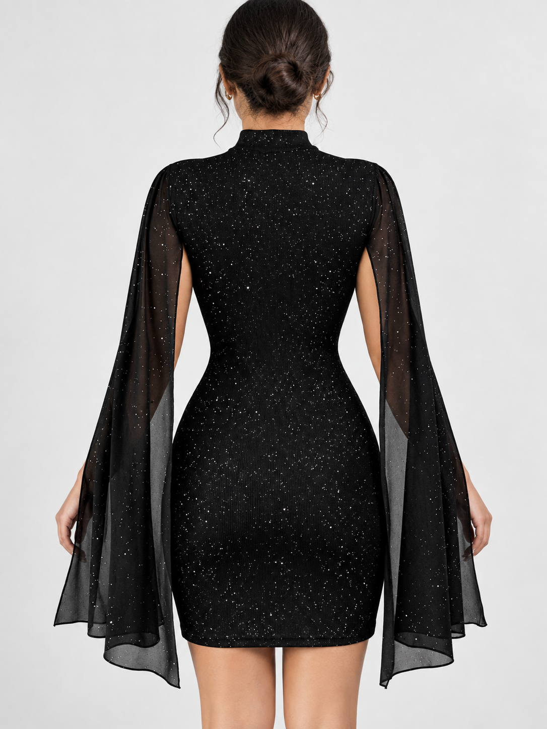 Women's Sequin Cape Mini Dress with Stand Collar