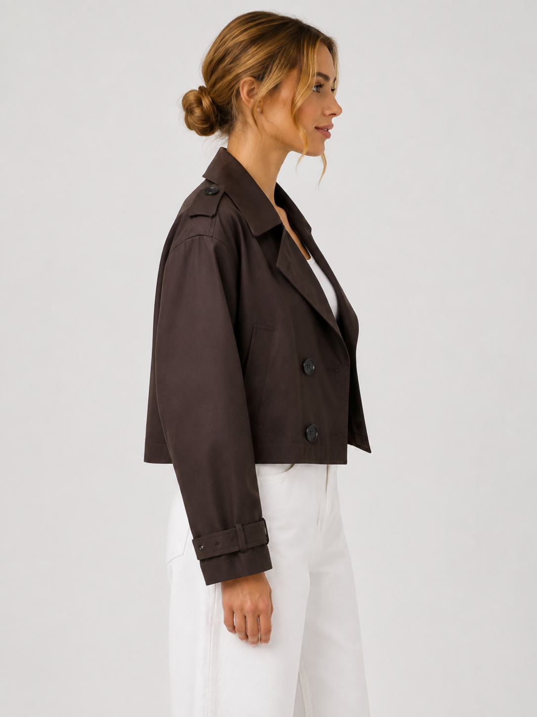 Women’s Short Trench Jacket with Wide Lapels and Shoulder Tabs