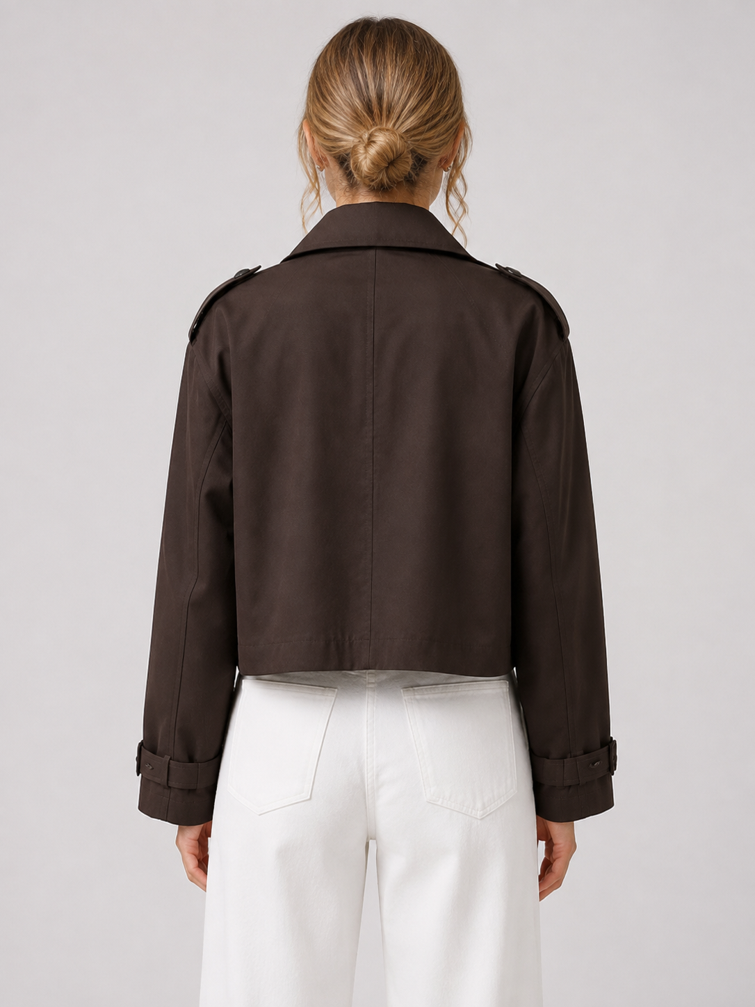 Women’s Short Trench Jacket with Wide Lapels and Shoulder Tabs