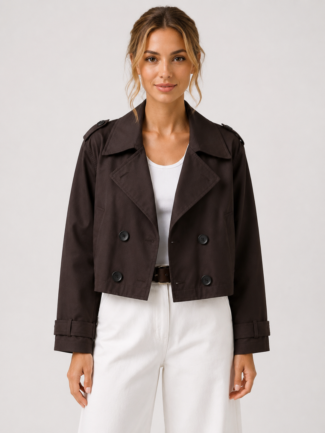 Women’s Short Trench Jacket with Wide Lapels and Shoulder Tabs
