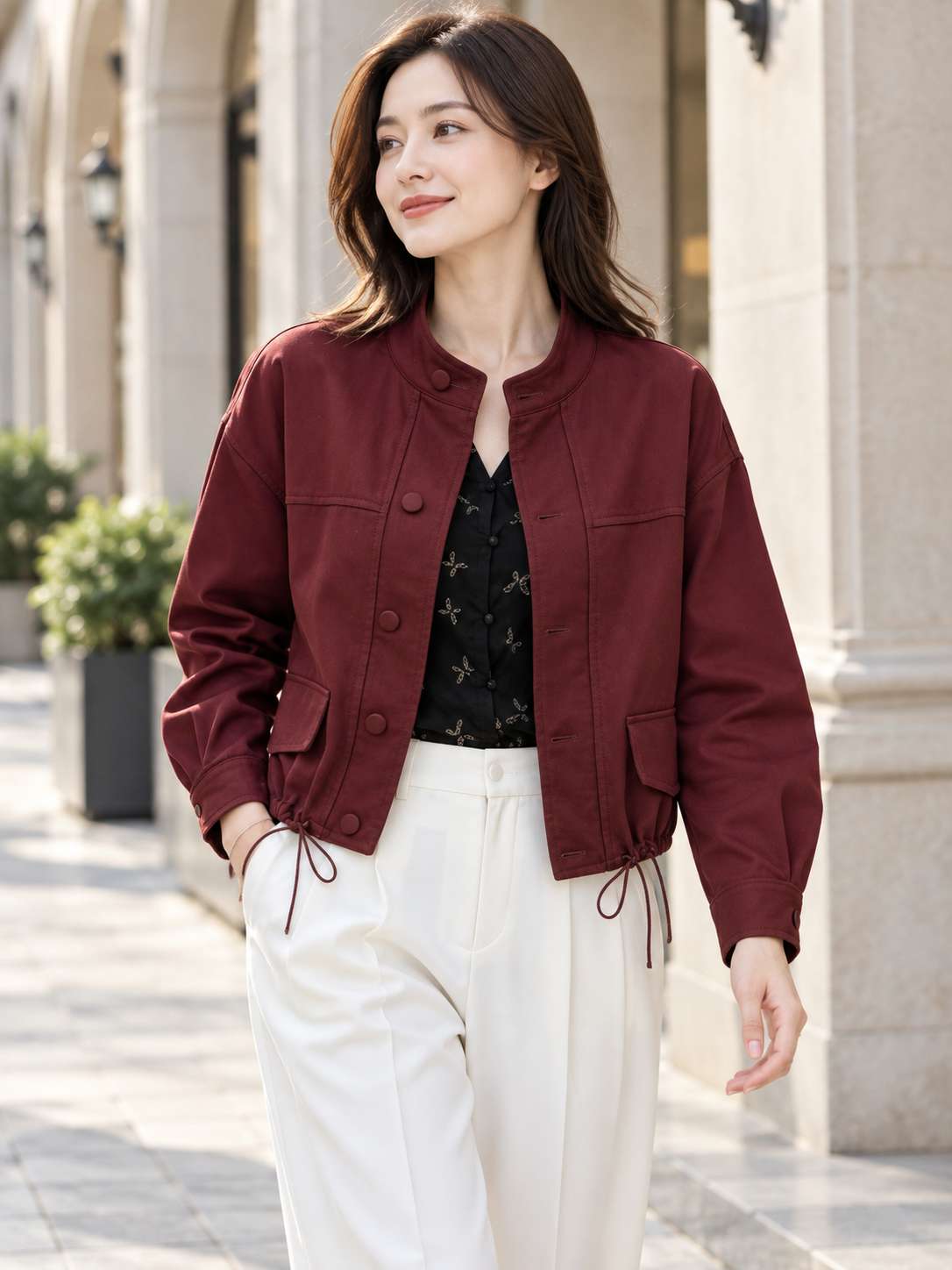 Women's Stand Collar Long-Sleeve Cropped Jacket