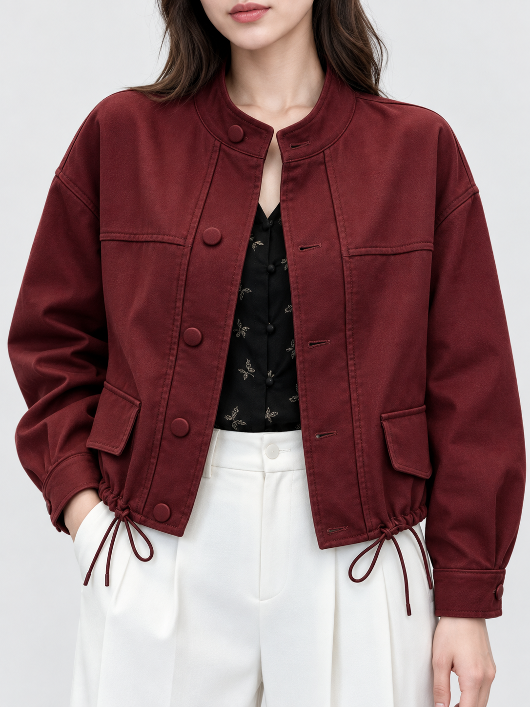 Women's Stand Collar Long-Sleeve Cropped Jacket