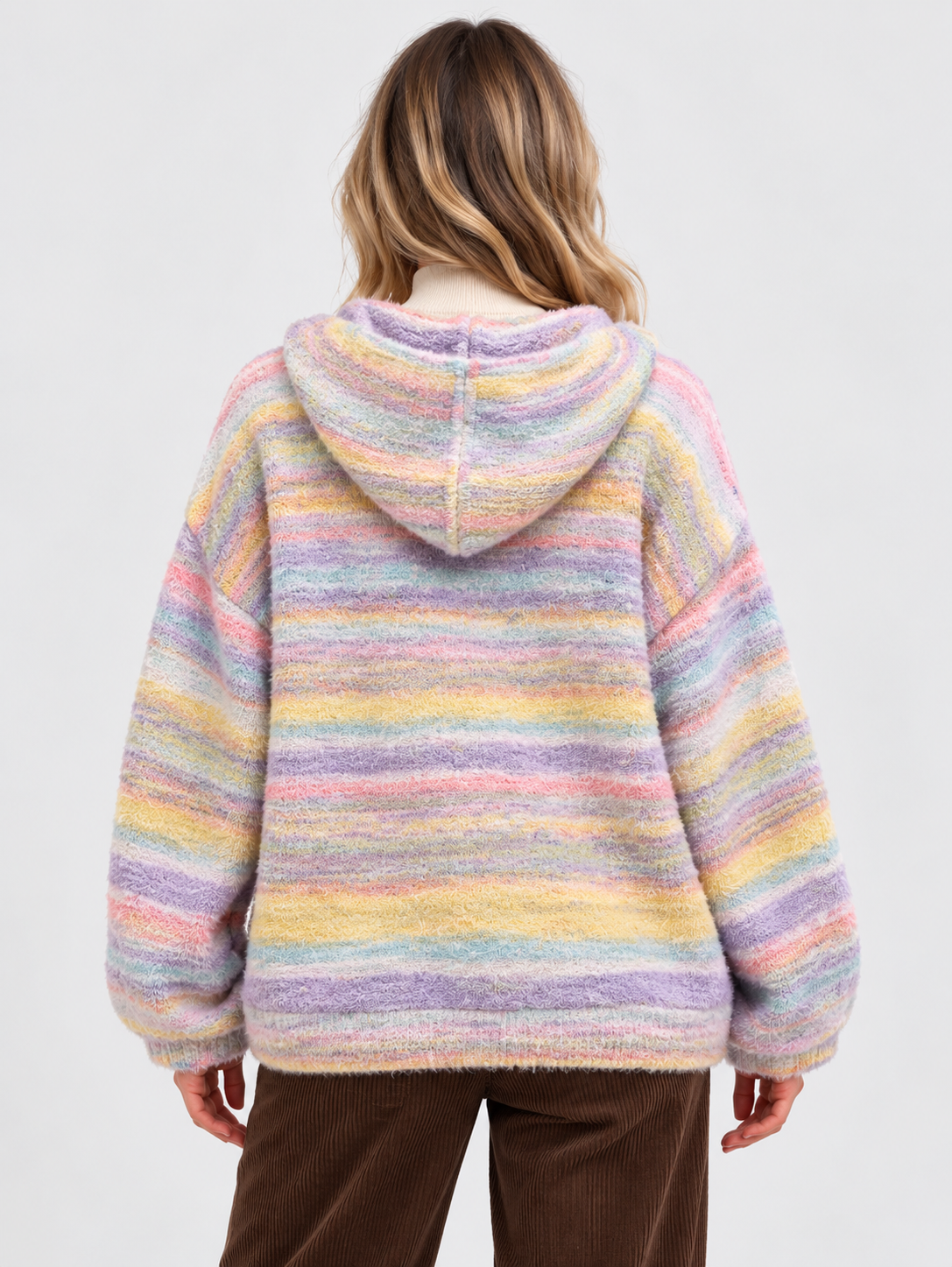 Women's Striped Hooded Drop-Shoulder Zip Cardigan
