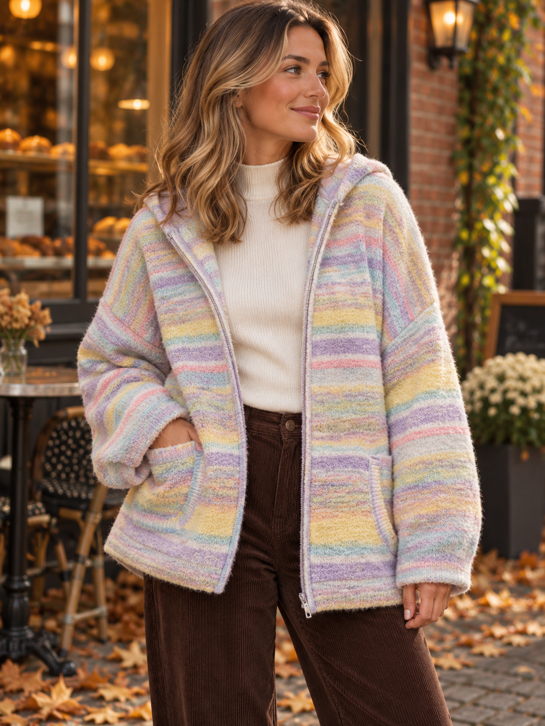 Women's Striped Hooded Drop-Shoulder Zip Cardigan