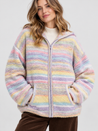 Women's Striped Hooded Drop-Shoulder Zip Cardigan