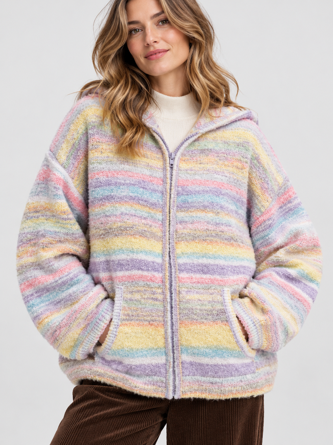 Women's Striped Hooded Drop-Shoulder Zip Cardigan