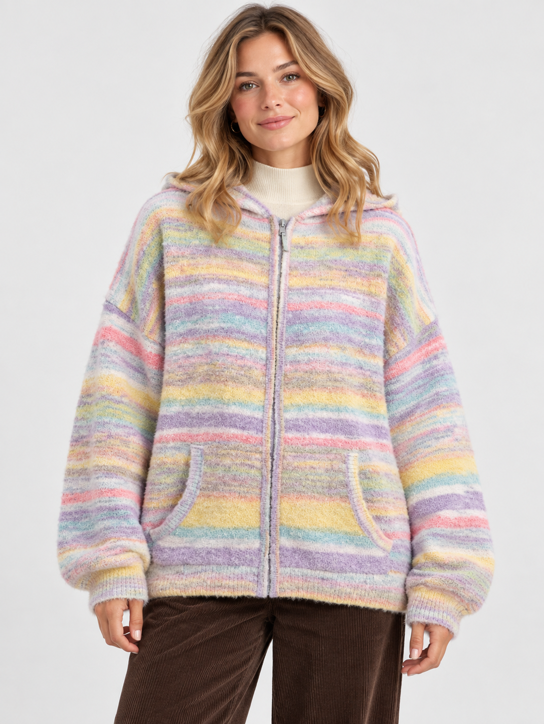 Women's Striped Hooded Drop-Shoulder Zip Cardigan