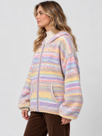 Women's Striped Hooded Drop-Shoulder Zip Cardigan