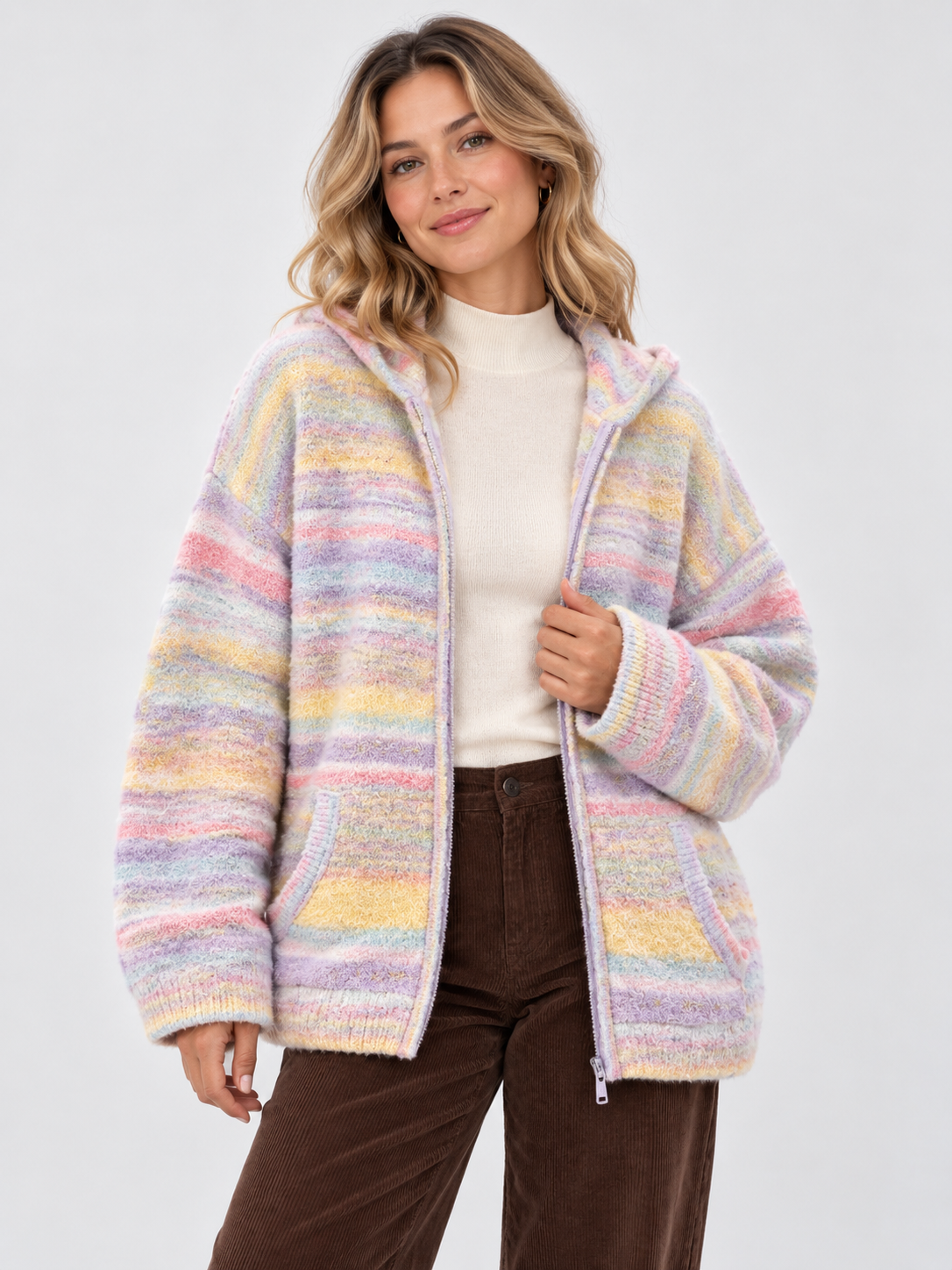 Women's Striped Hooded Drop-Shoulder Zip Cardigan