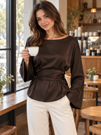 Women's Tie-Waist Long-Sleeve Pullover Top with Round Neck
