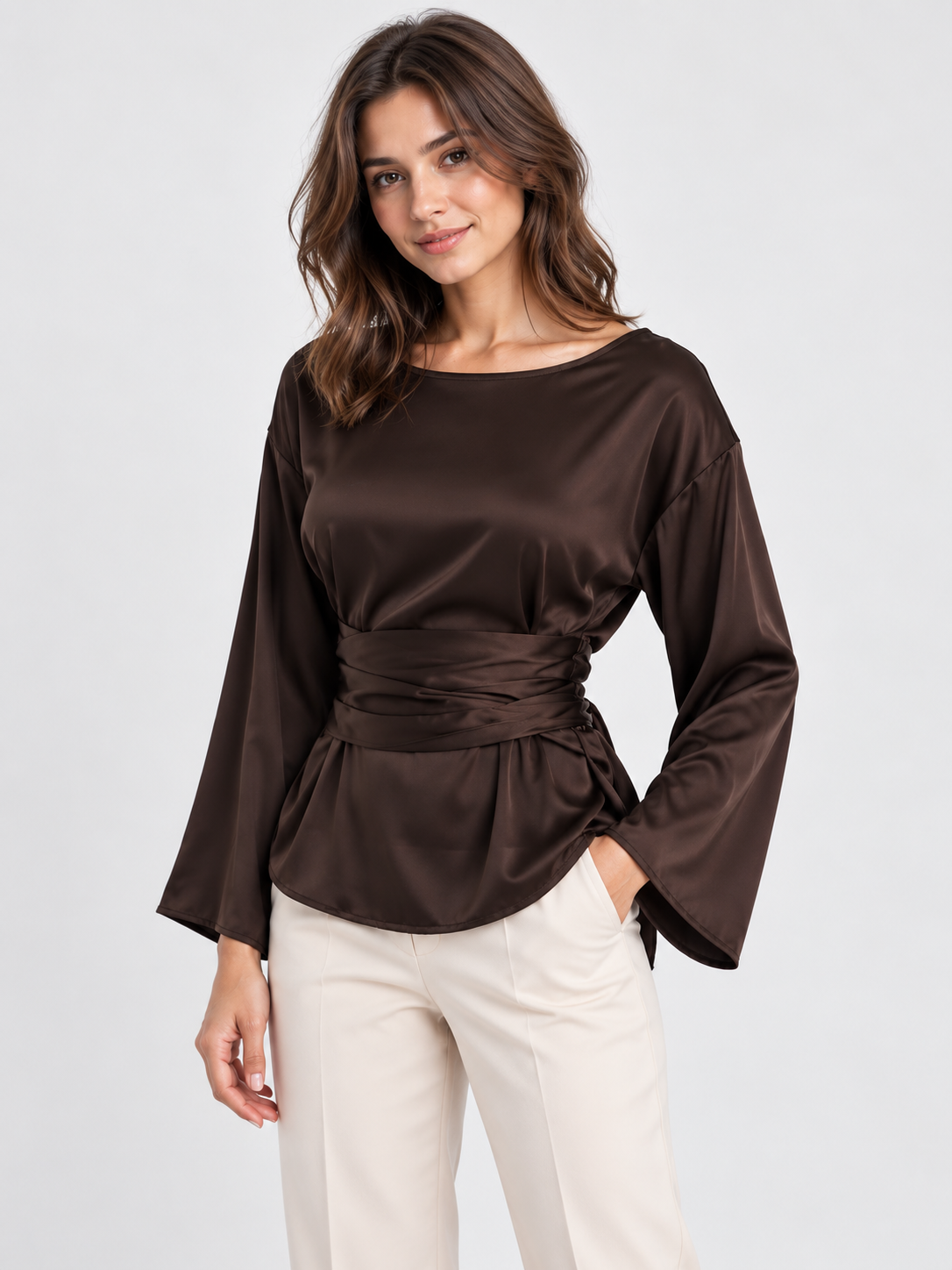 Women's Tie-Waist Long-Sleeve Pullover Top with Round Neck