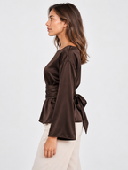 Women's Tie-Waist Long-Sleeve Pullover Top with Round Neck