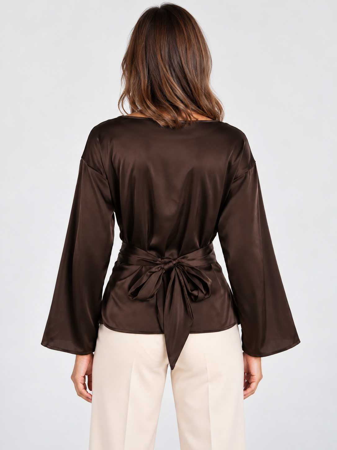 Women's Tie-Waist Long-Sleeve Pullover Top with Round Neck