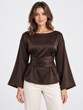 Women's Tie-Waist Long-Sleeve Pullover Top with Round Neck