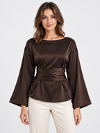 Women's Tie-Waist Long-Sleeve Pullover Top with Round Neck