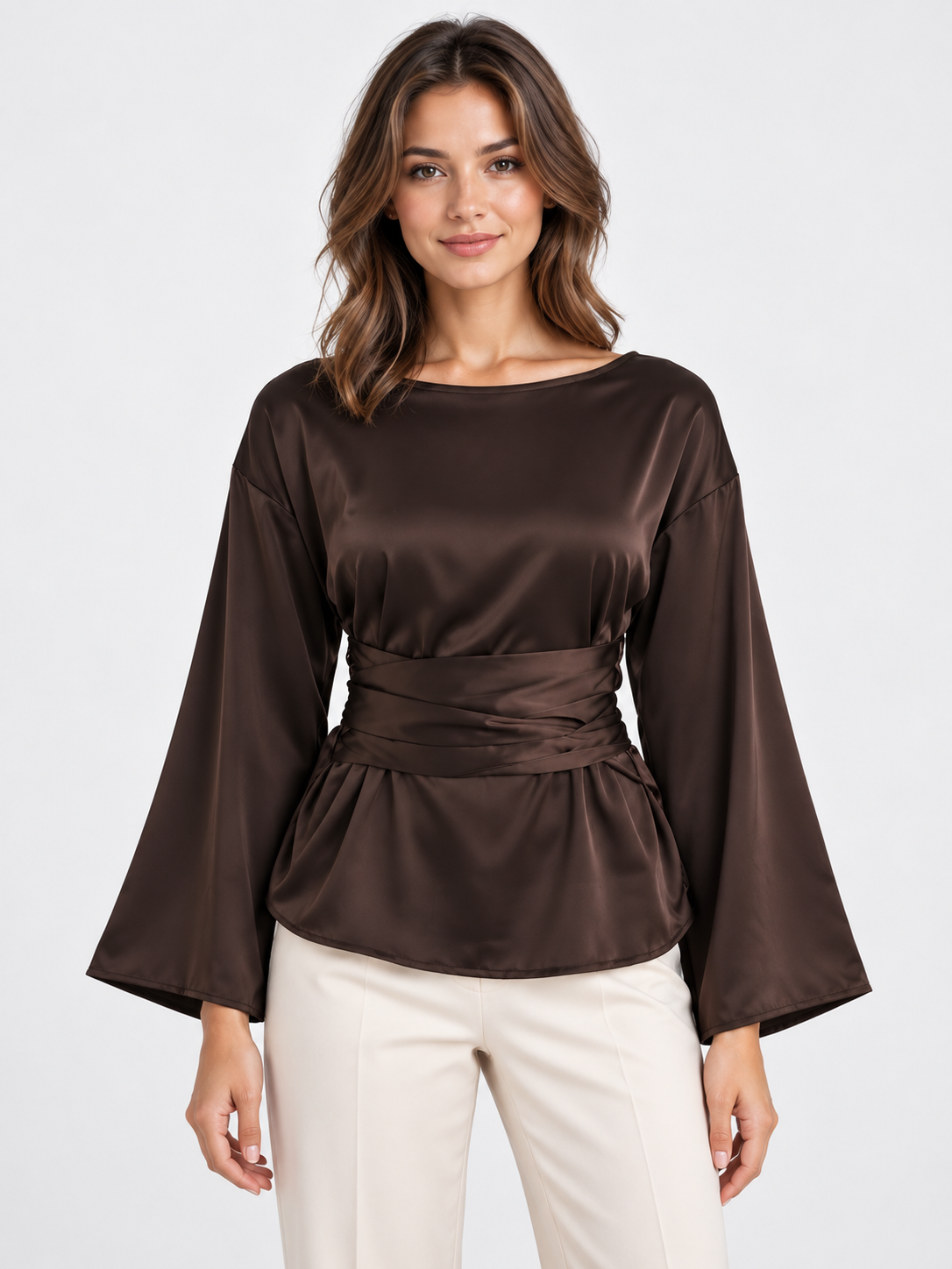 Women's Tie-Waist Long-Sleeve Pullover Top with Round Neck