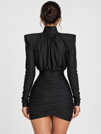 Women's Turtleneck Ruched Bodycon Mini Dress with Shoulder Padding