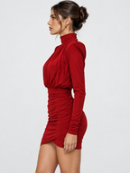 Women's Turtleneck Ruched Bodycon Mini Dress with Shoulder Padding