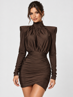 Women's Turtleneck Ruched Bodycon Mini Dress with Shoulder Padding