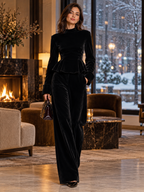 Women's Turtleneck Ruffled-Hem Top and Wide-Leg Trousers Set