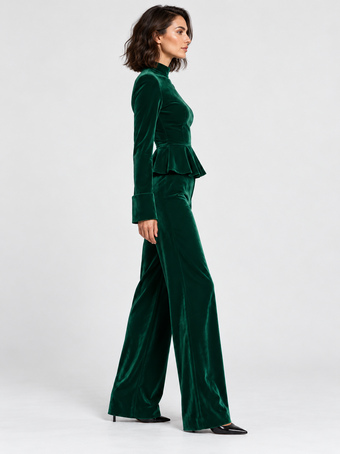 Women's Turtleneck Ruffled-Hem Top and Wide-Leg Trousers Set