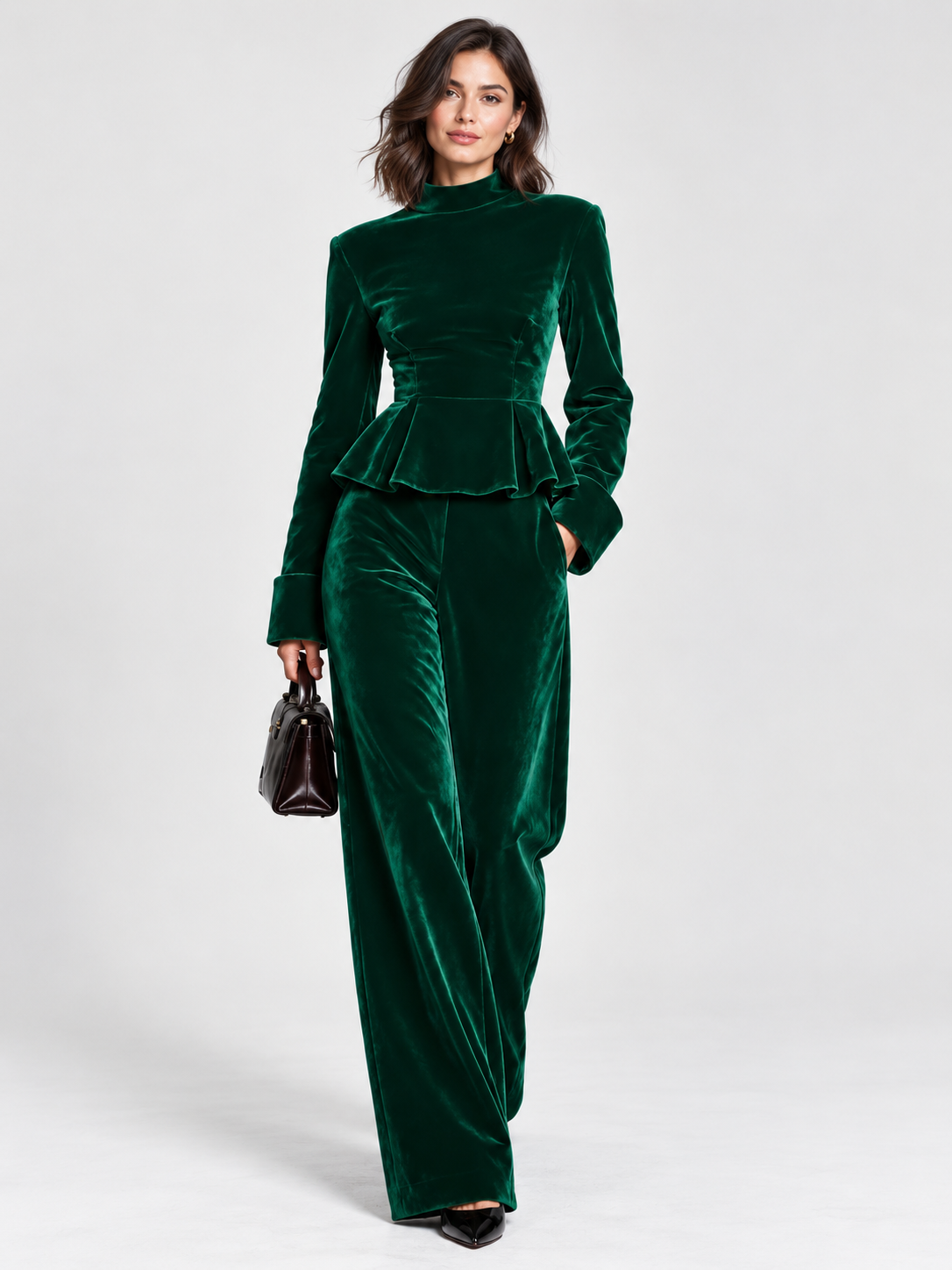Women's Turtleneck Ruffled-Hem Top and Wide-Leg Trousers Set
