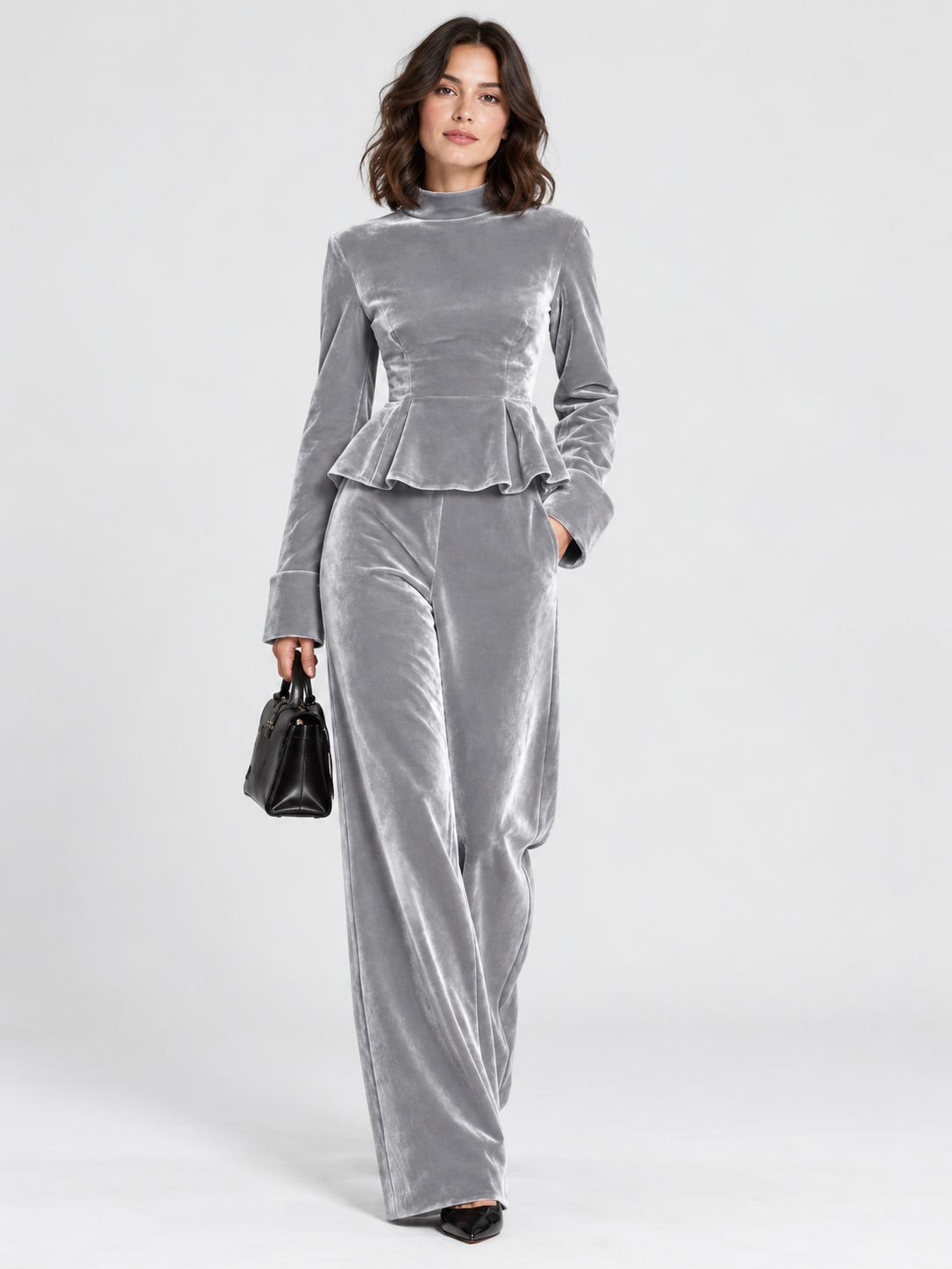 Women's Turtleneck Ruffled-Hem Top and Wide-Leg Trousers Set