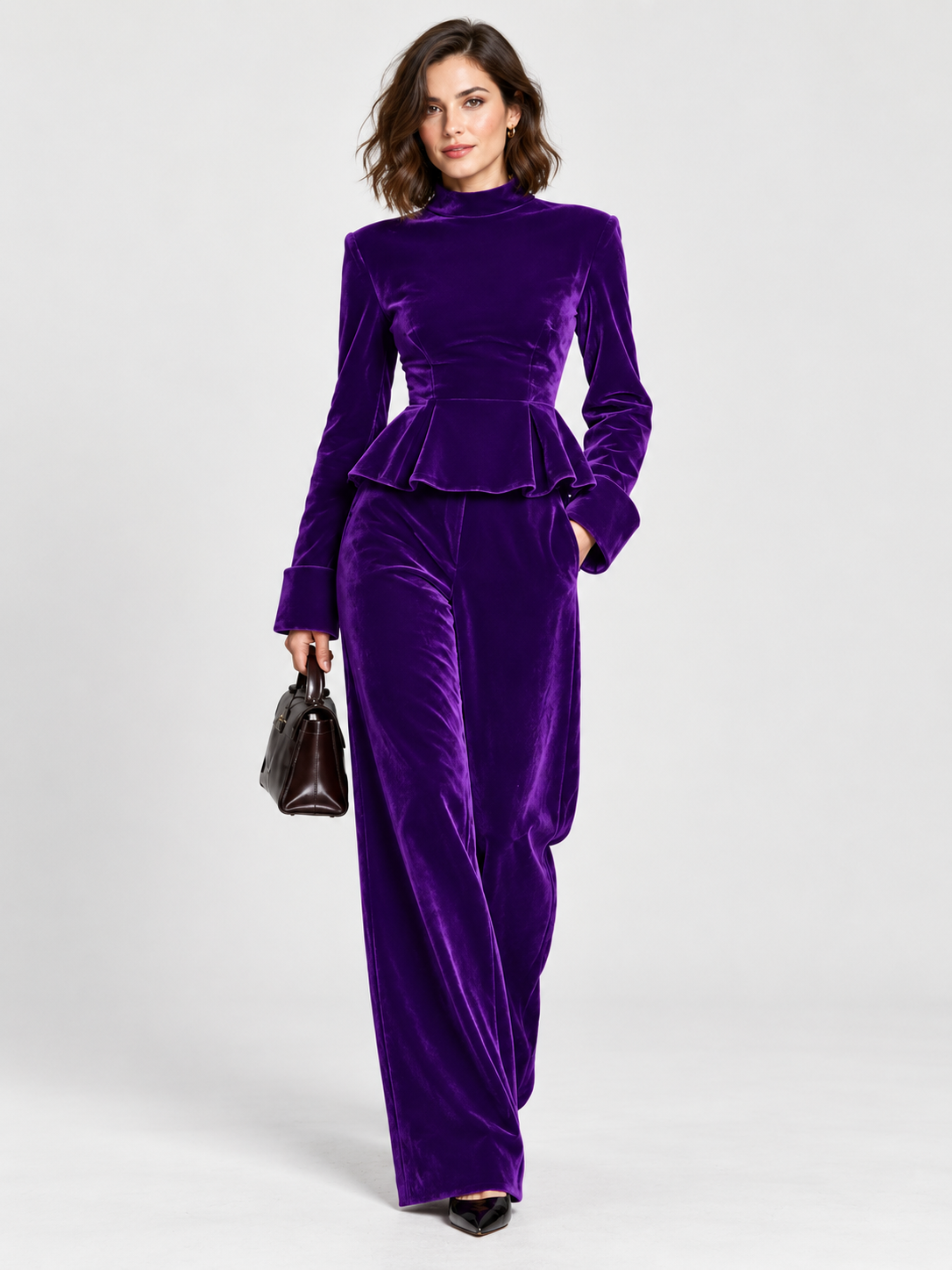Women's Turtleneck Ruffled-Hem Top and Wide-Leg Trousers Set