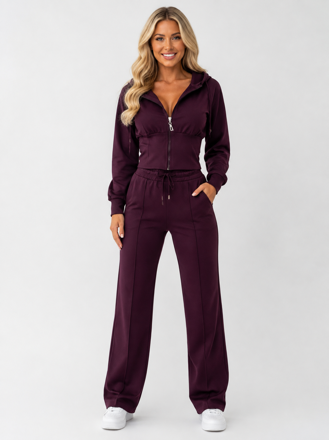 Women’s Two-Piece Tracksuit with Zip-Up Hooded Top and Wide-Leg Trousers