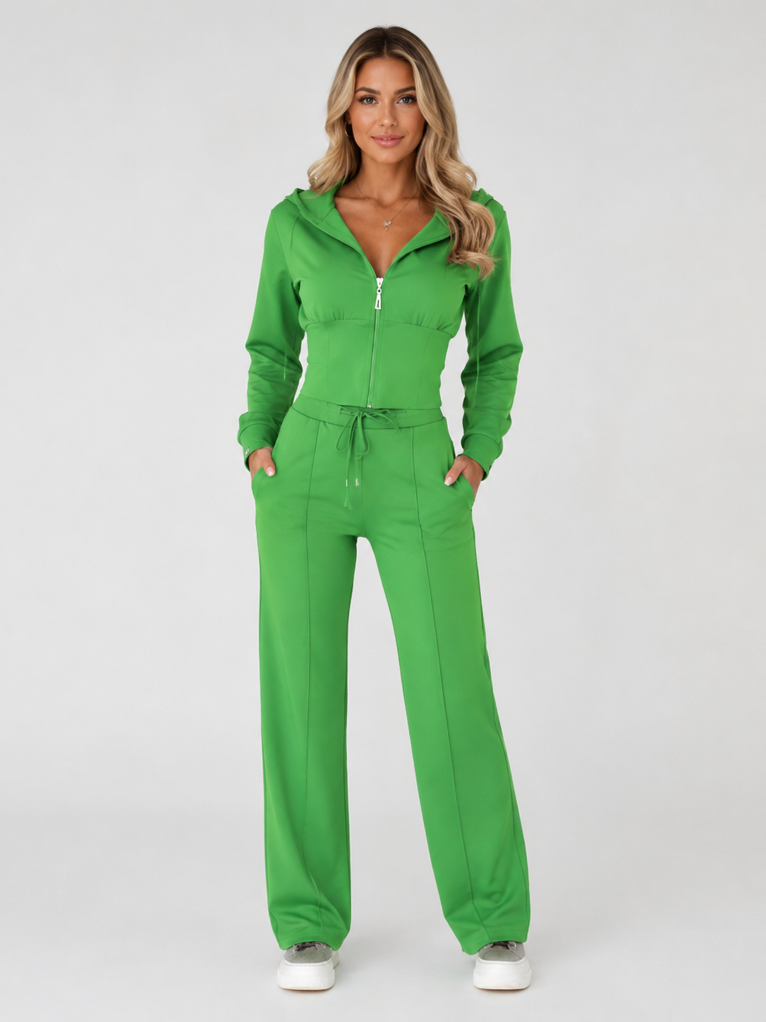 Women’s Two-Piece Tracksuit with Zip-Up Hooded Top and Wide-Leg Trousers