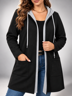 Women's Two-Tone Hooded Drawstring Longline Cardigan with Pockets
