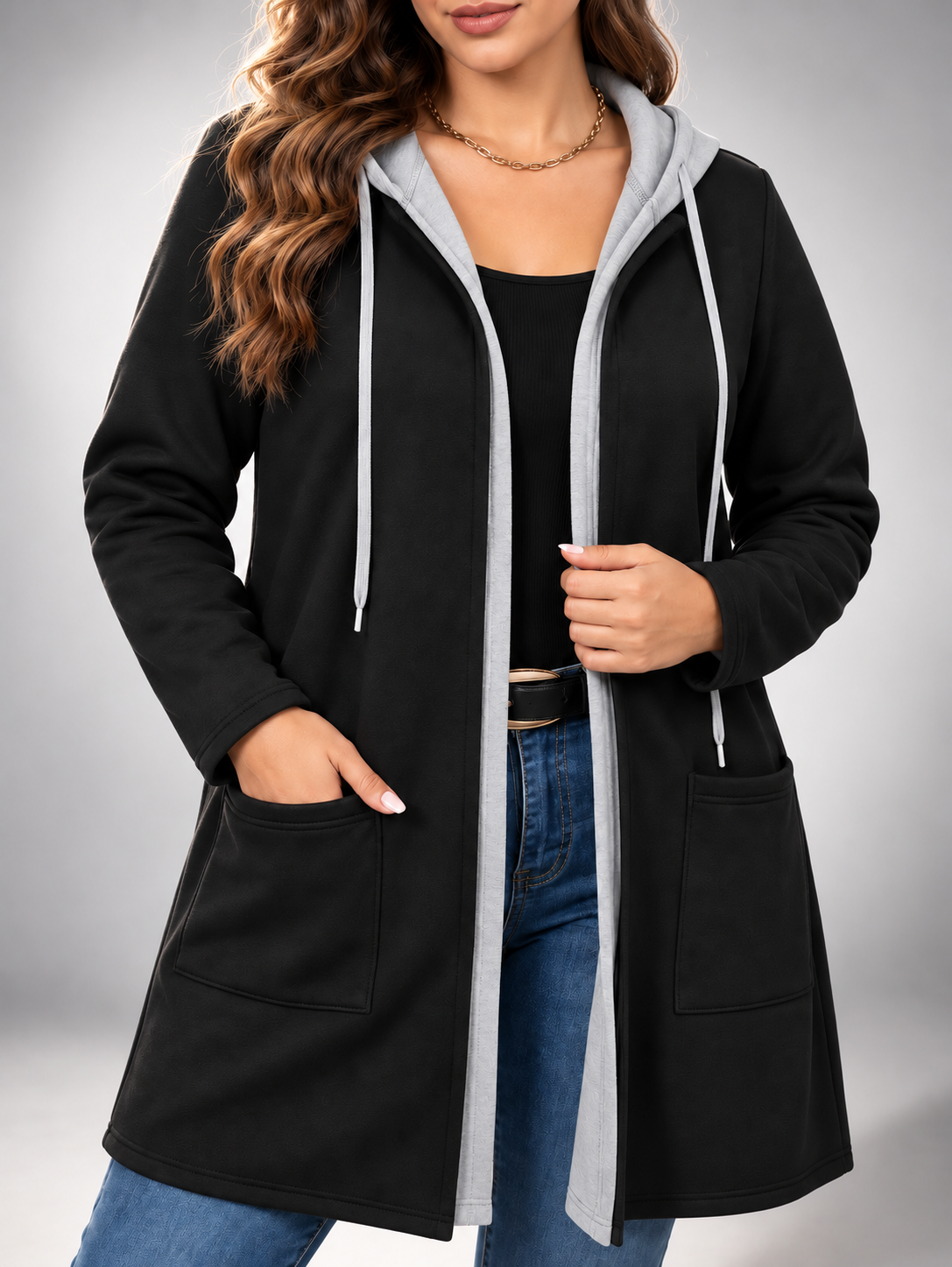 Women's Two-Tone Hooded Drawstring Longline Cardigan with Pockets