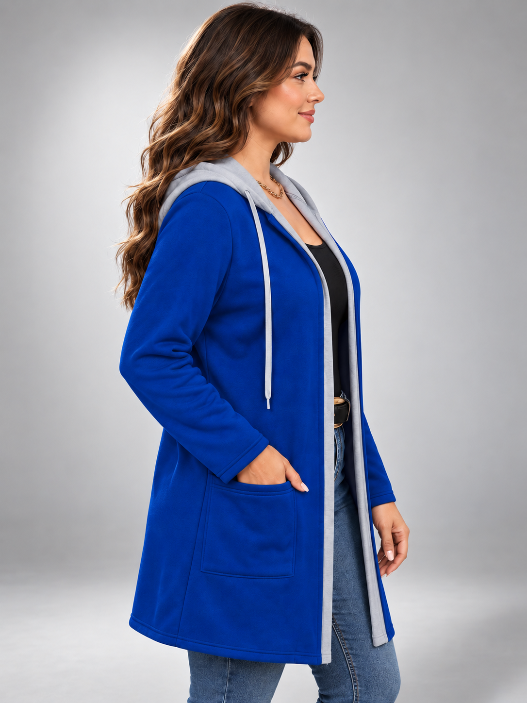 Women's Two-Tone Hooded Drawstring Longline Cardigan with Pockets