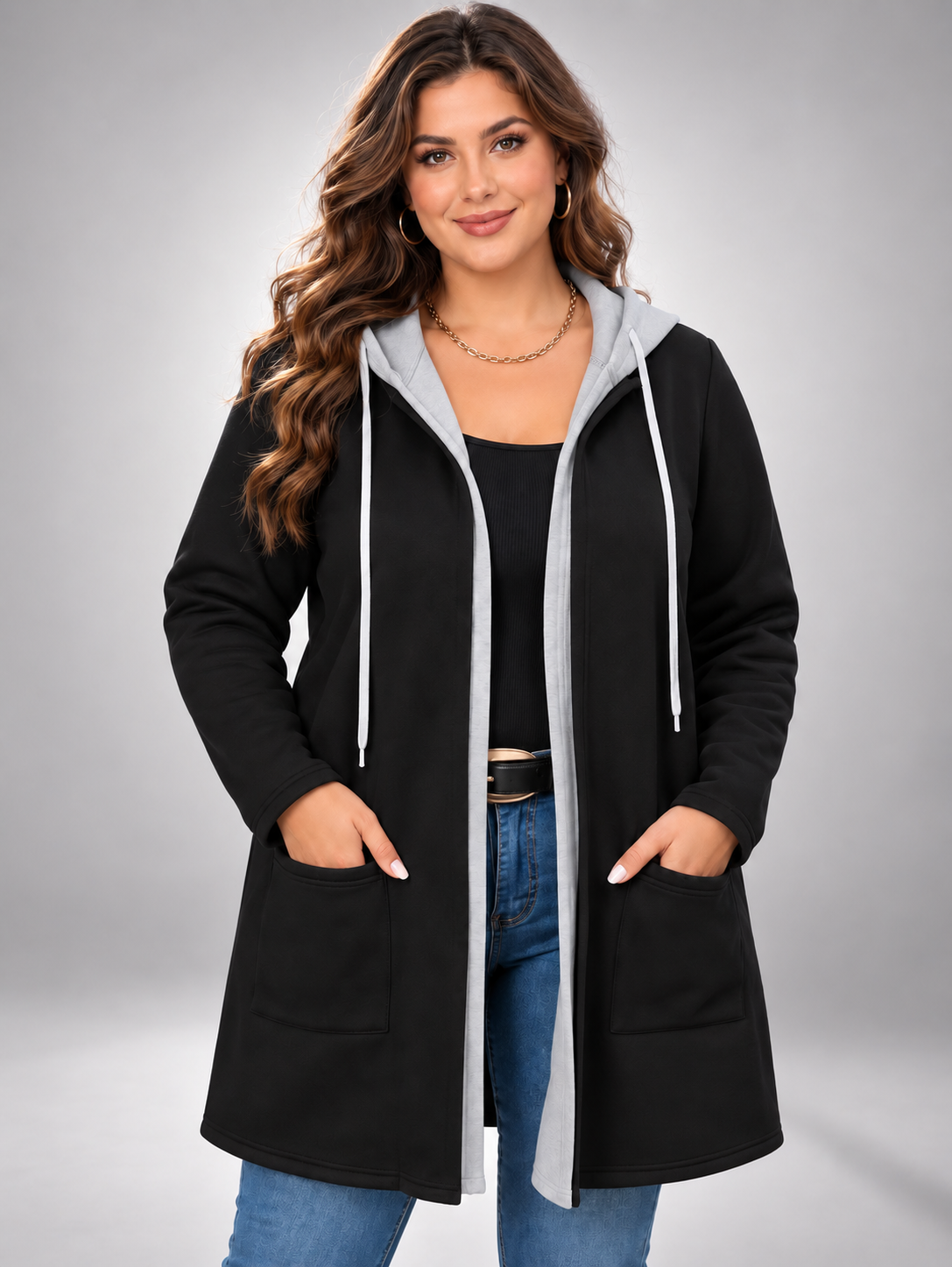 Women's Two-Tone Hooded Drawstring Longline Cardigan with Pockets